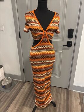 SHEIN Orange Brown Cream Cut-Out Knit Maxi Dress